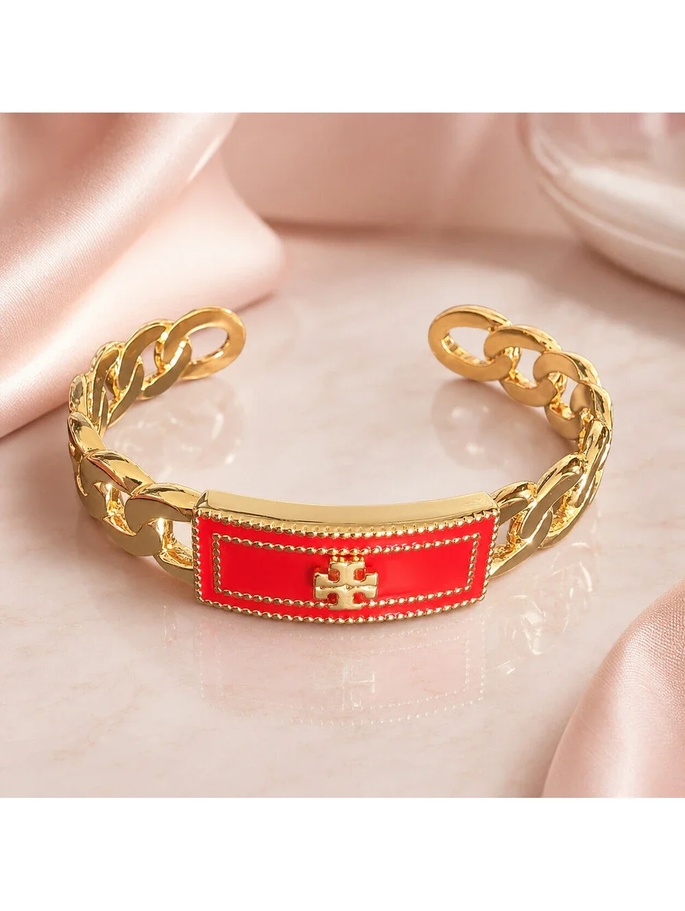 NWT Auth. Tory Burch Milgrain Logo Red & Gold Chain Link Cuff Bangle with Tag